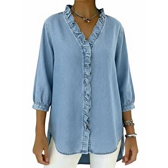 Women's V-Neck Ruffle Trim 3/4 Sleeve Denim Look Button Down Shirt