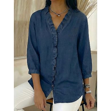 Women's Ruffle V-Neck Denim Look Shirt 3/4 Puff Sleeve Button Down Casual Blouse