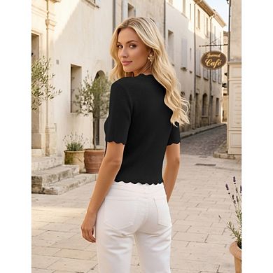Women's V Neck Short Sleeve Knit Top Scallop Edge Button Down Cropped Cardigan