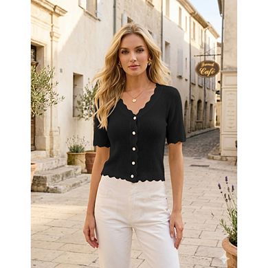 Women's V Neck Short Sleeve Knit Top Scallop Edge Button Down Cropped Cardigan