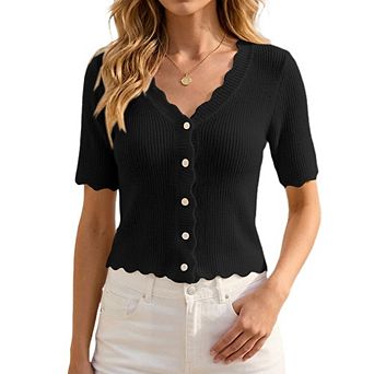 Women's V Neck Short Sleeve Knit Top Scallop Edge Button Down Cropped Cardigan
