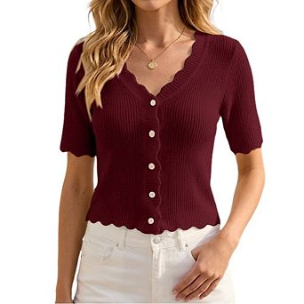 Women's V Neck Short Sleeve Knit Top Scallop Edge Button Down Cropped Cardigan