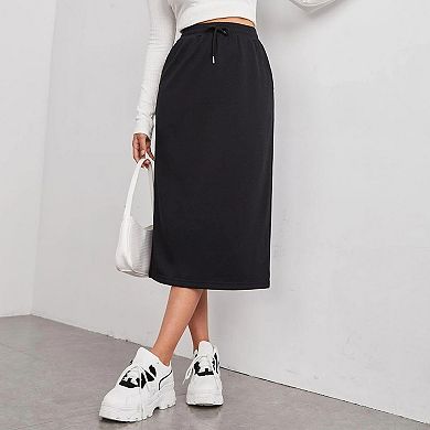 Women Drawstring Waist Casual Sweat Long Skirt with Pockets