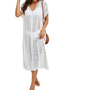 Women's Lace Crochet Maxi Cover-Up Sheer Knit Beach Wedding Resort Cover-Up with Slit