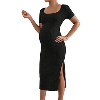 Womens Ribbed Knit Maternity Dress Short Sleeve Bodycon Midi Dresses Side Slit Pregnancy Loungewear