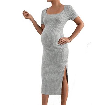 Womens Ribbed Knit Maternity Dress Short Sleeve Bodycon Midi Dresses Side Slit Pregnancy Loungewear