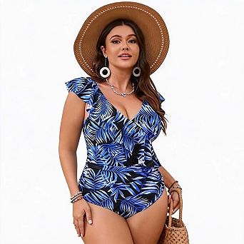 Seoria Womens Plus Size One Shoulder Ruffled Floral Print One Piece Swimsuit Swimwear