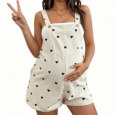 Women's Maternity Heart Print Corduroy Short Overalls Adjustable Strap Romper