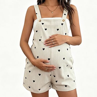 Women's Maternity Heart Print Corduroy Short Overalls Adjustable Strap Romper