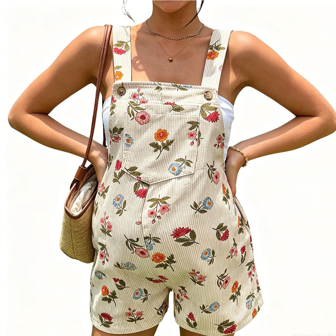 Женские комбинезоны Maternity Heart Print Corduroy Short Overalls Adjustable Strap Romper