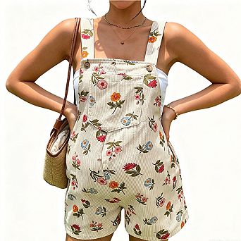 Women's Maternity Heart Print Corduroy Short Overalls Adjustable Strap Romper