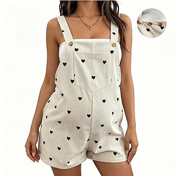 Women's Maternity Heart Print Corduroy Short Overalls Adjustable Strap Romper