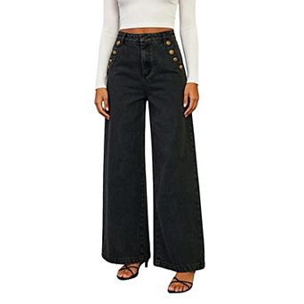 Women High Waisted Wide Leg Denim Pants Casual Loose Jeans with Buttons