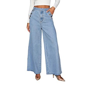 Women High Waisted Wide Leg Denim Pants Casual Loose Jeans with Buttons