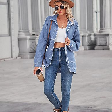 Women's Casual Oversized Button Up Denim Jackets Long Sleeve Denim Jean Jacket with Huge Pockets