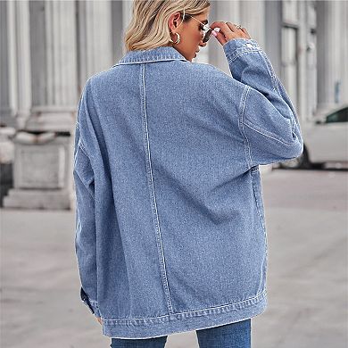 Women's Casual Oversized Button Up Denim Jackets Long Sleeve Denim Jean Jacket with Huge Pockets