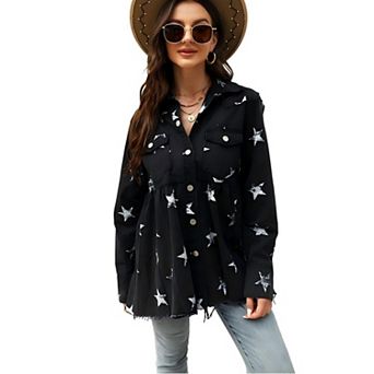 Women Denim Shirt Long Sleeve Jean Jacket Button Down Casual Jacket with Pockets