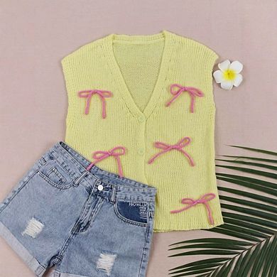 Women's Bow Sweater Vest Sleeveless Button Up V Neck Cardigans Lightweight Vest