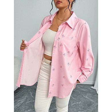 Women's Bow Print Shirts Blouse Button Down Long Sleeve Going Out Shirts