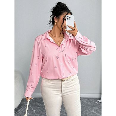 Women's Bow Print Shirts Blouse Button Down Long Sleeve Going Out Shirts