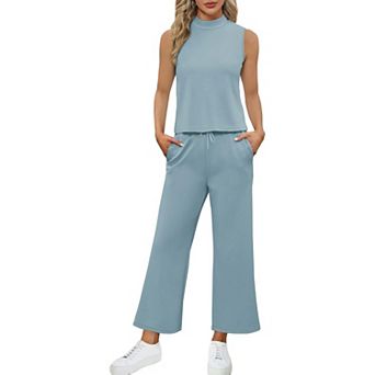 Two Piece Sets for Women Summer Outfits Lounge Sets Mock Neck Tops Wide Leg Pants Vacation Outfits