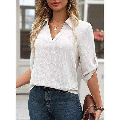 Women's 3/4 Sleeve Collared V Neck Blouse Roll Tab Casual Dressy Top for Work