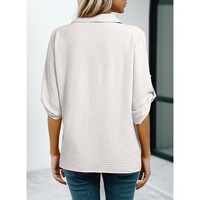 Women's 3/4 Sleeve Collared V Neck Blouse Roll Tab Casual Dressy Top for Work