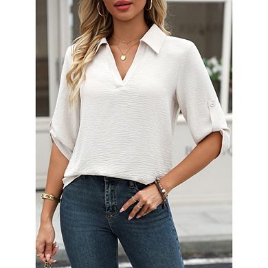 Women's 3/4 Sleeve Collared V Neck Blouse Roll Tab Casual Dressy Top for Work