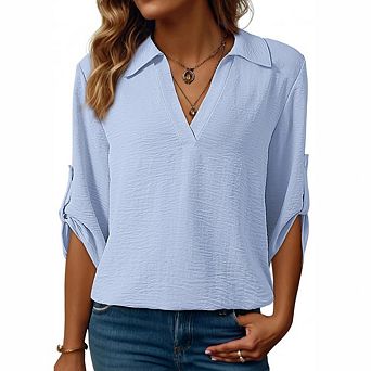 Women's 3/4 Sleeve Collared V Neck Blouse Roll Tab Casual Dressy Top for Work
