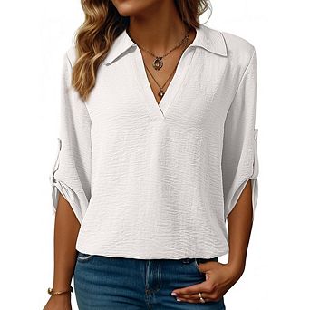 Women's 3/4 Sleeve Collared V Neck Blouse Roll Tab Casual Dressy Top for Work