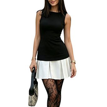 Women's Color Block Sleeveless Pleated Mini Dress Two Tone Bodycon Date Short Dress