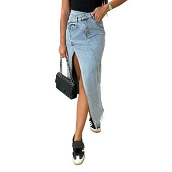 Women's High Waist Asymmetric Slit Denim Skirt Casual Dressy Raw Hem Midi Jean Skirts