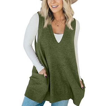 Women's V Neck Sleeveless Knit Sweater Vest Side Pocket Loose Casual Sweater
