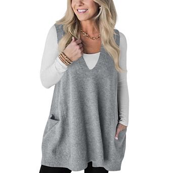 Women's V Neck Sleeveless Knit Sweater Vest Side Pocket Loose Casual Sweater
