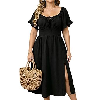 Women's Plus Size Square Neck Midi Dress Front Tie Ruffle Short Sleeve Side Split Pocket Dress