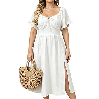 Women's Plus Size Square Neck Midi Dress Front Tie Ruffle Short Sleeve Side Split Pocket Dress