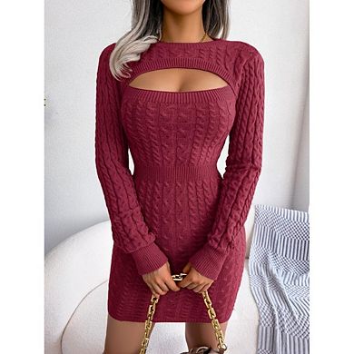 Women's Hollow out Mesh Cable Knit Fitted Bodycon Dress