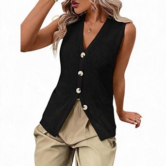 Women's V Neck Button Down Ribbed Knit Sweater Vest Sleeveless Pocket Casual Business Vest