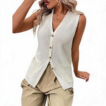 Women's V Neck Button Down Ribbed Knit Sweater Vest Sleeveless Pocket Casual Business Vest