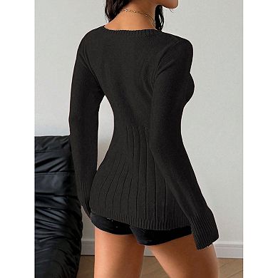 Women's Square Neck Cable Knit Sweater Henley Button Long Sleeve Sweater