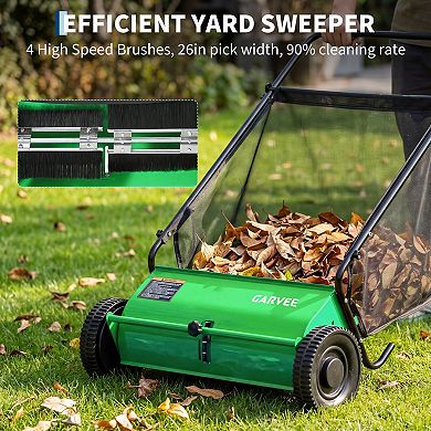 Heavy Duty 26 Inch Push Lawn Sweeper Walk-Behind Leaf & Grass Collector