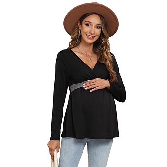 Women Maternity Casual Long Sleeve Deep V Neck Block Color T Shirt