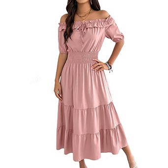 Women's Ruffle Off Shoulder Tiered Dress Elastic Smocked Waist Short Puff Sleeve Midi Dress
