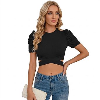 Womens Cropped Tops Short Puff Sleeve Crew Neck Casual Knit Sweater Tops