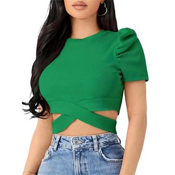 Womens Cropped Tops Short Puff Sleeve Crew Neck Casual Knit Sweater Tops