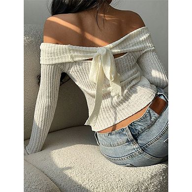 Women Off Shoulder Sweaters Long Sleeve Ribbed Knit Pullover Knit Tops