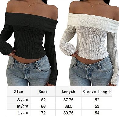 Women Off Shoulder Sweaters Long Sleeve Ribbed Knit Pullover Knit Tops