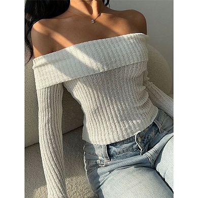Women Off Shoulder Sweaters Long Sleeve Ribbed Knit Pullover Knit Tops