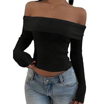 Women Off Shoulder Sweaters Long Sleeve Ribbed Knit Pullover Knit Tops