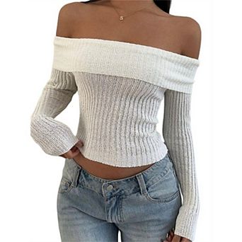 Women Off Shoulder Sweaters Long Sleeve Ribbed Knit Pullover Knit Tops